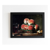 Quadro Art Cesta De Pêssegos Com Nozes Faca E Copo De Vinho