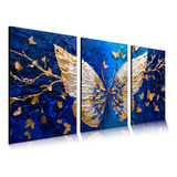 Quadro Decorativo 80x60 Borboleta Azul Ouro Pintura Sala Hal