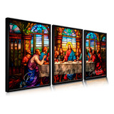 Quadro Decorativo 80x60 Santa Ceia Vitral Colorido Moldura