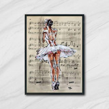 Quadro Decorativo Bailarina E Partitura 45x34 Vidro Preta