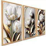 Quadro Decorativo Flor Tulipa Branca Dourada Ouro Trio 3 Peças