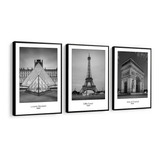 Quadro Decorativo Paris Louvre Torre Eiffel Arco Triunfo Pb Cor Da Armação Preta Cor Preto E Branco
