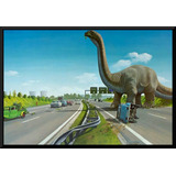 Quadro Dinossauro Na Pista Rodovia Retro Vintage 42x29cm