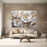 Quadro Flores Branca E Dourada Luxo Sala 100x150cm