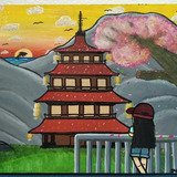 Quadro Madeira Pintura Paisagem Japonesa Tinta