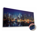 Quadro Panorâmico Cidades Luzes Noite Canvas Sala Hall Lindo Cor Colorido Cor Da Armação Pinus Interna