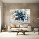 Quadro Pintura Flor Azul E Branco Sala Luxo 100x180cm