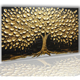 Quadros Decorativos 112x80 Árvore Gold Fundo Preto Para Sala
