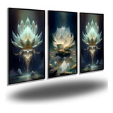 Quadros Decorativos 3 Peças Flor Lótus Flores Branca Sala Hd Cor Cor Da Armação Borda Infinita