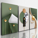 Quadros Decorativos Abstrato Geométrico Gold Green Sala 3 Pç
