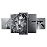 Quadros Decorativos Mosaico MDF Leão De Judá E Jesus Faces Preto E Branco 115x60cm