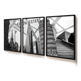 Quadros Decorativos Trio Vidro Construções Cinza Sala 60x90
