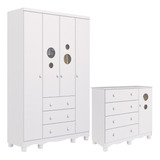 Quarto Bebê Completo Guarda Roupas 4 Portas Cômoda Bolinha