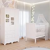 Quarto De Bebê Completo Berço Mini Cama Cloe 2 Em 1 Guarda Roupa Uli 3 Portas 3 Gavetas Móveis Peroba Branco Brilho