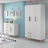 Quarto De Bebê Ludmila Retrô Guarda Roupa 3 Portas Com Gavetas Cômoda Infantil 4 Gavetas Com Porta Branco Fosco Com Bétula Carolina Baby