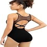 QZSH Collant De Dança Feminino- Regata De Malha- Frente Em V- Cruzado Nas Costas- Forro Frontal Completo- Preto- P