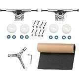 RADECKAL Kit Completo De Skate Incluindo Caminhões Kit De Convés Rodas Brancas Rolamentos ABEC 7 Azuis Ferragens Fita De Aderência Preta Regular Ferramenta De Skate Em Y Prata Tamanho Da