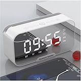 Rádio Relógio Despertador FM Com Caixa De Som Bluetooth Tela Espelhada Com Led Alarme Duplo Temperatura Temporizador De Sono Suporte Para Celular Branco