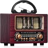 Rádio Retrô Portátil Bluetooth AM FM USB MicroSD Bateria Recarregável Madeira Vinho