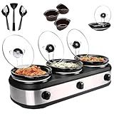 Rechaud Elétrico Triplo Buffet Slow Cooker Em Aço Inox Prateado 220v Com 3 Panelas Cubas De Cerâmica Com Tampas De Vidro Temperado Para Servir Na Cozinha Festas Eventos Caldos Sopas Pratos Quentes