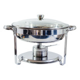 Rechaud Redondo 5 5 Litros Aço Inox 201 Banho Maria Buffet Com Tampa De Vidro Temperado Fogareiro Acendedor Cor Prata Az135 