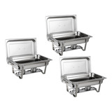 Rechaud Retangular Inox 1 Cuba 9 L Tampa Removível Kit 3 Pç