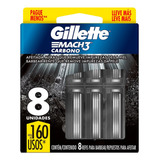 Refils Para Barbear Mach3 Carbono Carga Para Aparelho De Barbear Com Carvão Ativado 8 Unidades Gillette