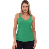 Regata Blusinha Feminina Crepe Alça Larga Com Botão Verão