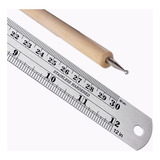 Régua Aço 30 Cm Boleador Cabo Madeira Para Vincar Papel