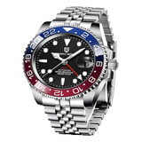 Relógio Automático Submariner Diver 100m Pagani Design 1662 Correia Jubilee Bisel Azul vermelho Fundo Preto