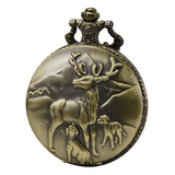 Relógio Bolso Bronze Metal Cervo Caça Cordão Corrente Raro
