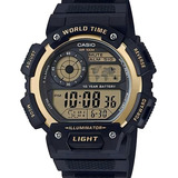 Relógio Casio Masculino Ae 1400wh 9avdf Illuminator World Time Cor Da Correia Preto Cor Do Bisel Dourado Cor Do Fundo Digital