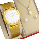 Relógio Champion Feminino Dourado Azul Kit