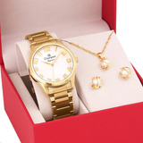 Relógio Champion Feminino Dourado Kit Colar Brincos Original