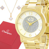 Relógio Champion Feminino Dourado Ouro 18k Colar E Brincos
