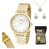 Relógio Champion Feminino Dourado Pequeno Colar E Brincos Cor Do Fundo Branco