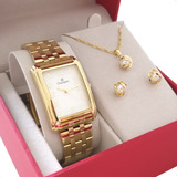 Relógio Champion Feminino Dourado Quadrado Original