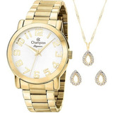  Relógio Champion Feminino + Kit Folheado Dourado Analógico