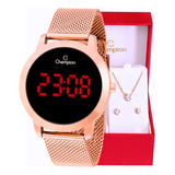Relógio Champion Feminino Rosê Digital Led Vermelho Ch40106z