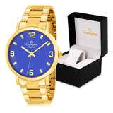 Relógio Champion Grande Dourado Fundo Azul