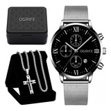 Relogio Corrente Masculina Prata Cruz Kit 92 Colar Aço Inox
