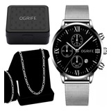 Relogio Corrente Masculino Prata Kit 88 Colar Aço Inox 316l
