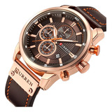 Relógio Curren Funcional Pulseira De Couro Cronógrafo Cor Da Correia Marrom Escuro Bisel Dourado Cor Do Bisel Conforme A Imagem Cor Do Fundo Conforme A Imagem