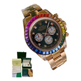 Relógio Daytona Rainbow Rolex Ouro Rose 40mm Black Friday
