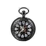 Relógio De Bolso Preto Mecânico Steampunk Esqueleto Antigo Números Romanos Esculpidos E Antigos Mostrador Masculino Com Pingente De Corrente Preto