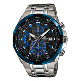Relógio De Pulso Casio Efr 539 Com Corria De Aço Inoxidável Cor Prateado Fondo Preto Bisel Azul preto