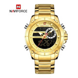 Relógio De Pulso Naviforce Nf9163 Com Corpo Dourado Analógico digital Para Masculino Fundo Preto Com Correia De Aço Inoxidável Cor Dourado Agulhas Cor Dourado Branco E Vermelho Subdials De Co