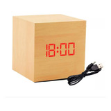 Relógio Digital De Mesa C Alarme Led 5v Quadrado Madeira
