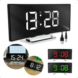 Relógio Digital De Mesa Cabeceira Curvado Espelhado Com Despertador Alarme Alto Termômetro E Display Led 12h 24h Usb Pilhas Ideal Para Idosos Quartos Salas E Escritórios Smart Tools Cor Branco