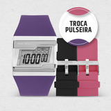 Relógio Digital Feminino Troca Pulseira Com Kit Pulseira Silicone Na Cor Roxo Preto E Rosa À Prova D Água Resistência 10 Atm C Cronômetro Alarme Calendário E Iluminação Noturna Fzna t8t Mormaii